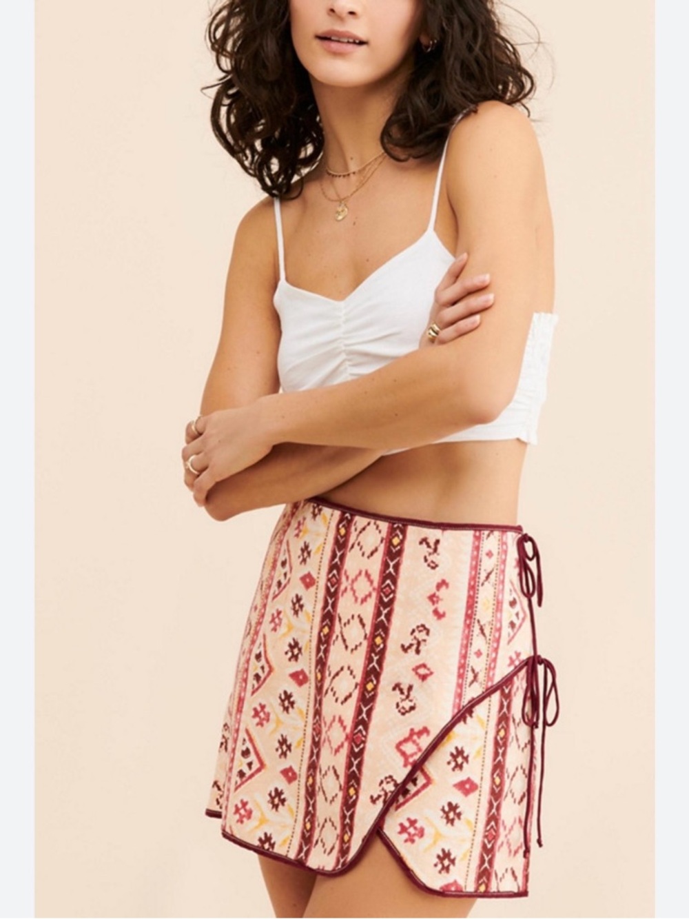 Cleo Wrap Skirt in Aztec-inspired print and side tie closure